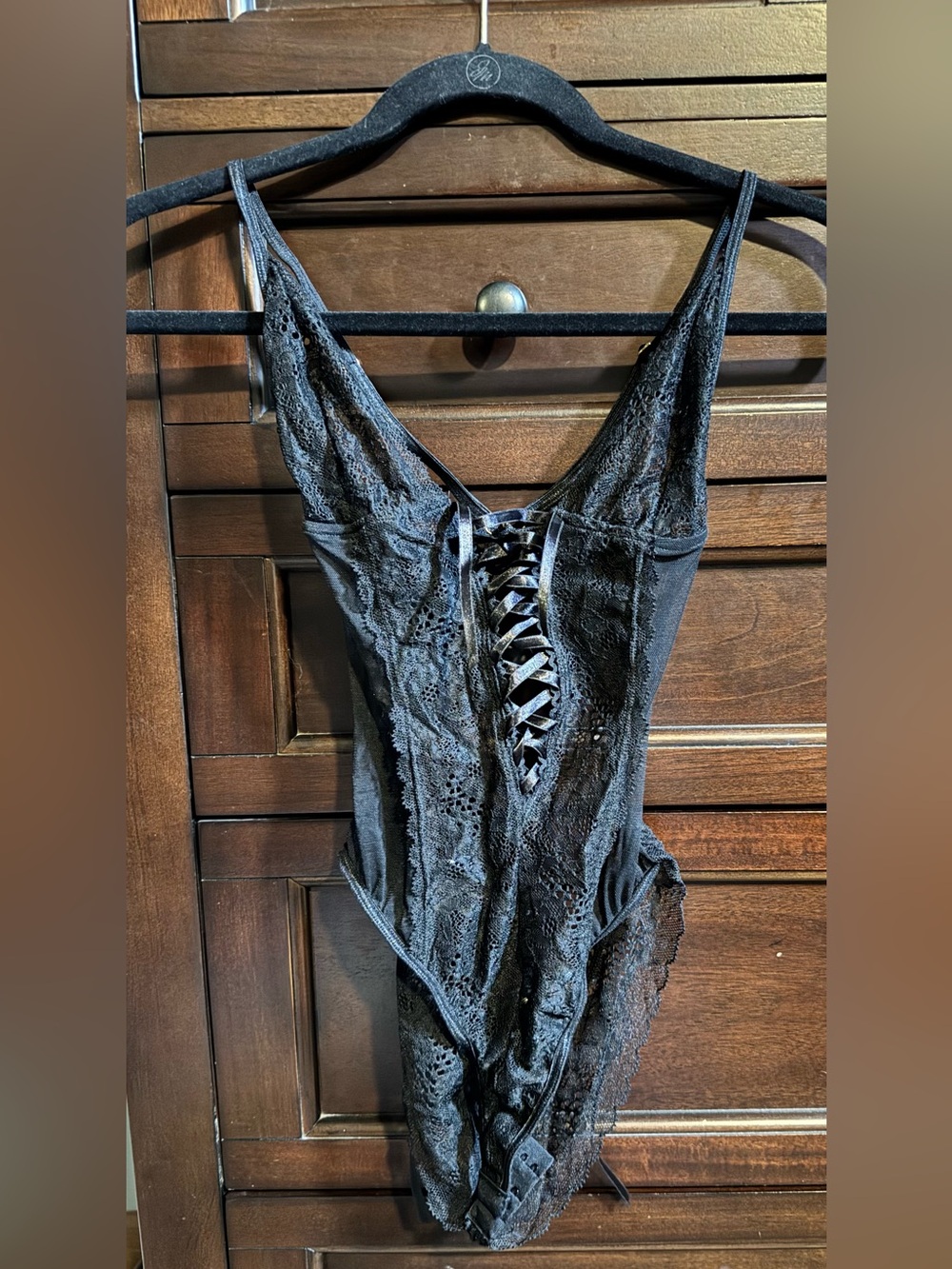 Frederick's of Hollywood Black Lace V-Neck Lace-Up Teddy